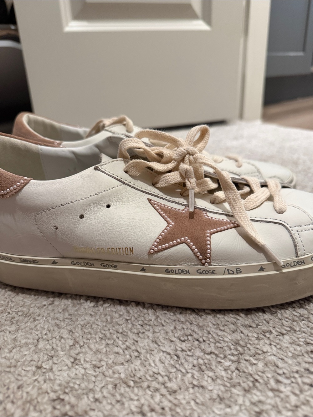Golden Goose White Leather Sneakers with Blush Star and Beige Laces